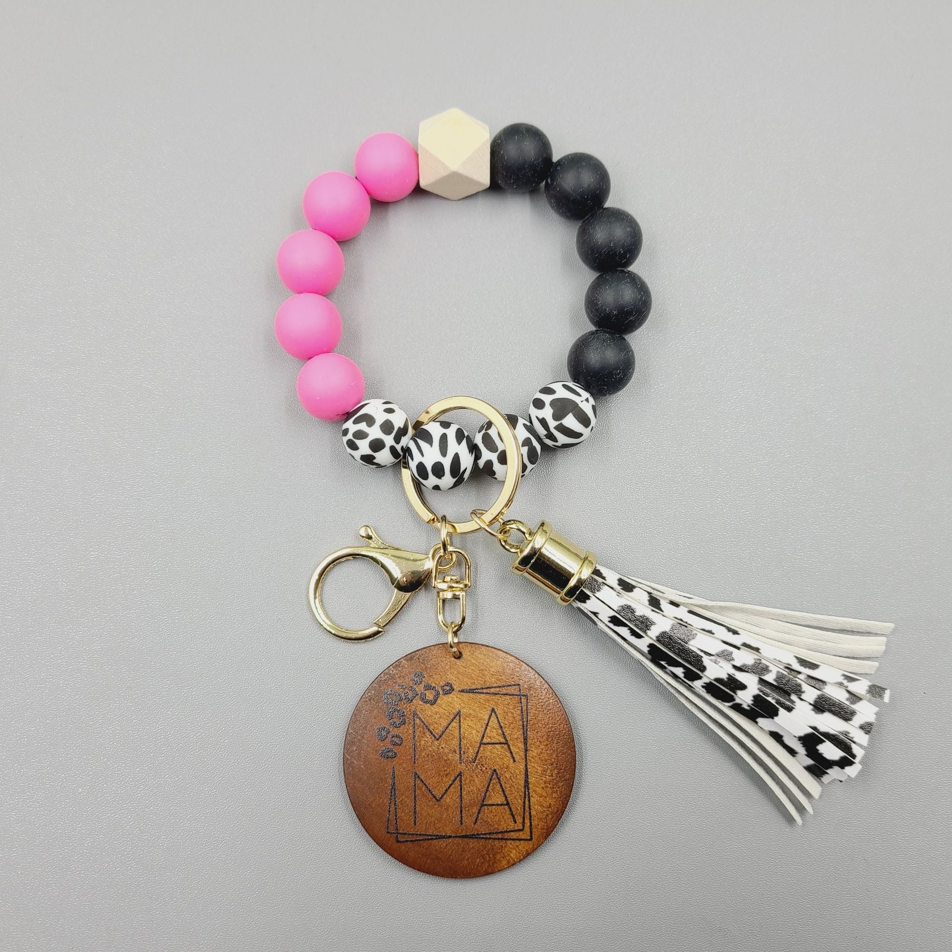 Wholesale MAMA Wooden Sign Pendant Cow Pattern Silicone Beads Bracelet Keychain